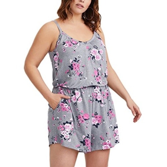 torrid Pants - Torrid Romper Womens Large Gray Pink Floral Jersey Knit Stretch Pockets NWT